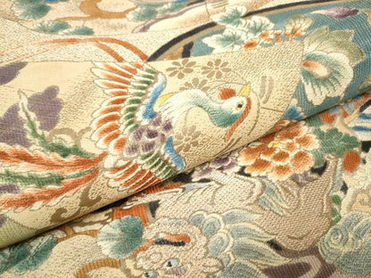 平和屋着物●アンティーク　大正ロマン　丸帯　鳳凰　唐獅子花文　金糸　引き抜き帯　正絹　逸品　CABE4563hy