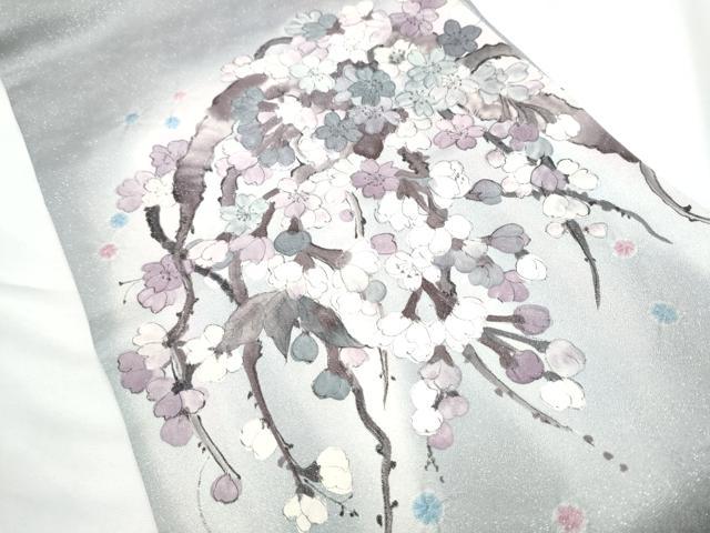 平和屋着物○両面 太鼓柄袋帯 手描き 絞り 枝桜文 銀通し地