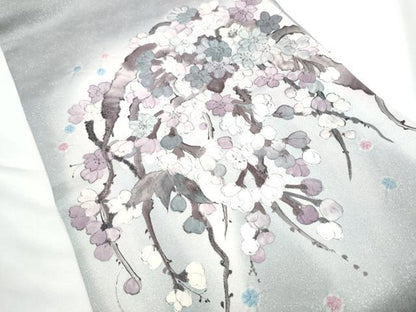 平和屋着物●両面　太鼓柄袋帯　手描き　絞り　枝桜文　銀通し地　正絹　逸品　CABE4582hy