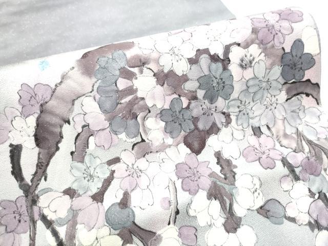平和屋着物●両面　太鼓柄袋帯　手描き　絞り　枝桜文　銀通し地　正絹　逸品　CABE4582hy