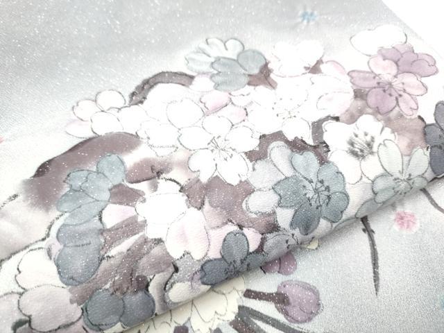 平和屋着物●両面　太鼓柄袋帯　手描き　絞り　枝桜文　銀通し地　正絹　逸品　CABE4582hy
