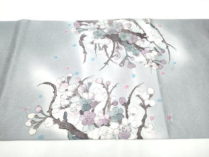 平和屋着物●両面　太鼓柄袋帯　手描き　絞り　枝桜文　銀通し地　正絹　逸品　CABE4582hy