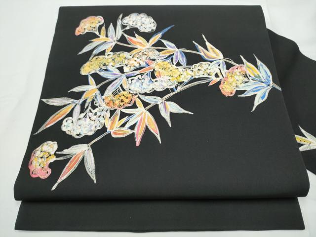 平和屋着物●塩瀬　九寸名古屋帯　ろうけつ染　枝葉文　黒地　金彩　正絹　逸品　CABE4599hy
