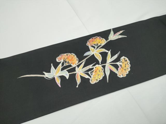 平和屋着物●塩瀬　九寸名古屋帯　ろうけつ染　枝葉文　黒地　金彩　正絹　逸品　CABE4599hy