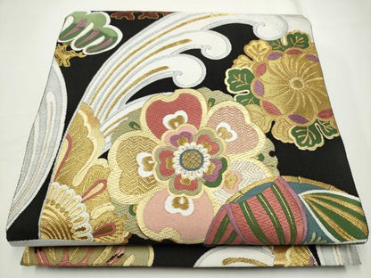 平和屋着物●西陣 京藝謹製 伝統工芸士 京の名工 小笹裕義 六通柄袋帯 唐織 立波花文 黒地 金糸 品質証明書・証紙・共箱付 逸品 CABE4602hy
