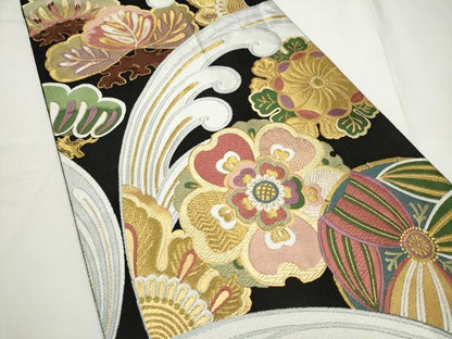 平和屋着物●西陣 京藝謹製 伝統工芸士 京の名工 小笹裕義 六通柄袋帯 唐織 立波花文 黒地 金糸 品質証明書・証紙・共箱付 逸品 CABE4602hy