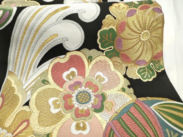 平和屋着物●西陣 京藝謹製 伝統工芸士 京の名工 小笹裕義 六通柄袋帯 唐織 立波花文 黒地 金糸 品質証明書・証紙・共箱付 逸品 CABE4602hy
