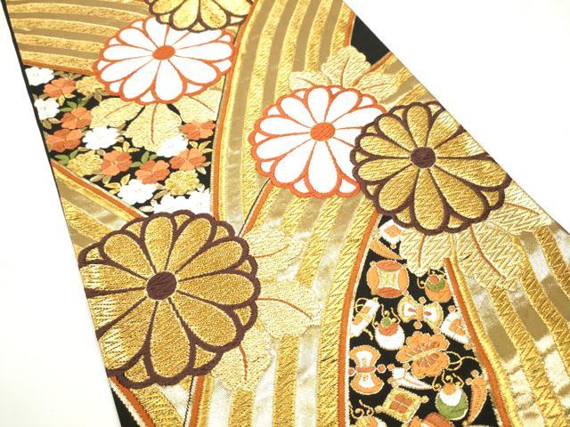 平和屋着物●西陣　河合美術織物謹製　六通柄袋帯　唐織　宝尽くし花文　黒地　金糸　正絹　逸品　CABE4603hy