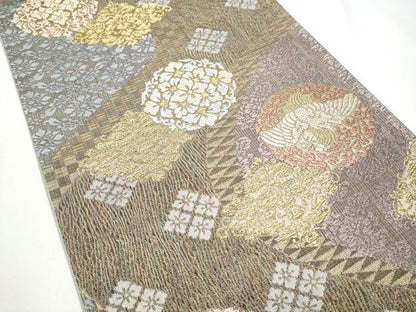 平和屋着物▽六通柄袋帯　スリーシーズン　春夏秋　櫛織　花鳥文　金糸　正絹　逸品　CABE4604hy