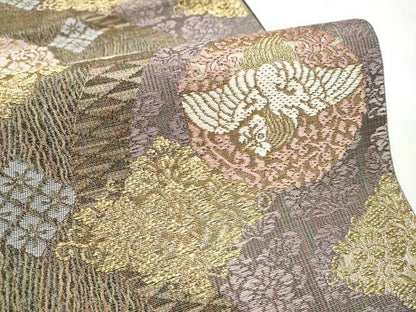 平和屋着物▽六通柄袋帯　スリーシーズン　春夏秋　櫛織　花鳥文　金糸　正絹　逸品　CABE4604hy
