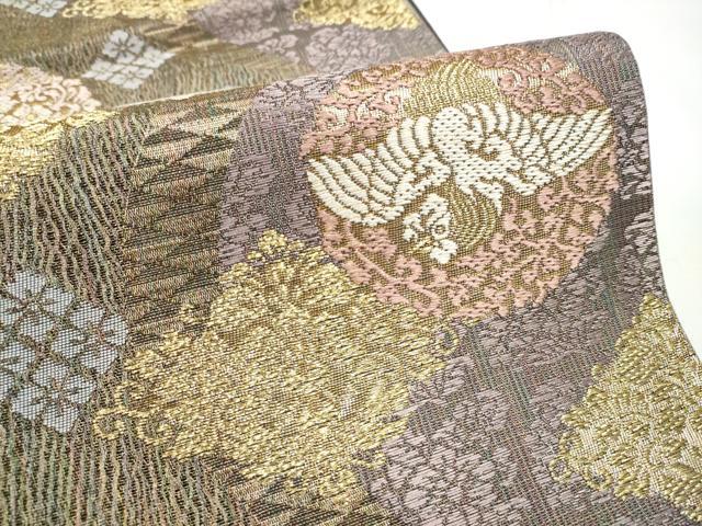 平和屋着物▽六通柄袋帯　スリーシーズン　春夏秋　櫛織　花鳥文　金糸　正絹　逸品　CABE4604hy