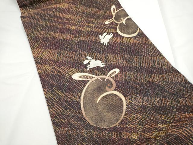 平和屋着物●中国三大刺繍　相良刺繍　両面　太鼓柄袋帯　兎　金通し地　正絹　逸品　CABE4616hy 平和屋着物○中国三大刺繍 相良刺繍 両面 太鼓柄袋帯 兎 金