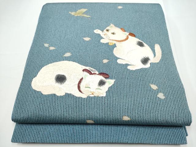 平和屋着物●太鼓柄袋帯　刺繍　猫　舞蝶文　金彩　鬼しぼ縮緬　正絹　逸品　CABE4618hy