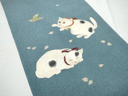 平和屋着物●太鼓柄袋帯　刺繍　猫　舞蝶文　金彩　鬼しぼ縮緬　正絹　逸品　CABE4618hy