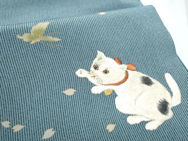 平和屋着物●太鼓柄袋帯　刺繍　猫　舞蝶文　金彩　鬼しぼ縮緬　正絹　逸品　CABE4618hy