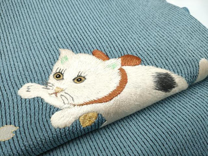平和屋着物●太鼓柄袋帯　刺繍　猫　舞蝶文　金彩　鬼しぼ縮緬　正絹　逸品　CABE4618hy