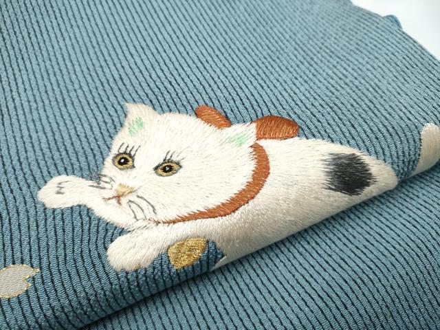 平和屋着物●太鼓柄袋帯　刺繍　猫　舞蝶文　金彩　鬼しぼ縮緬　正絹　逸品　CABE4618hy