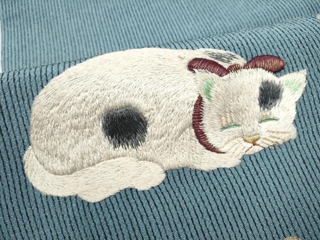平和屋着物●太鼓柄袋帯　刺繍　猫　舞蝶文　金彩　鬼しぼ縮緬　正絹　逸品　CABE4618hy
