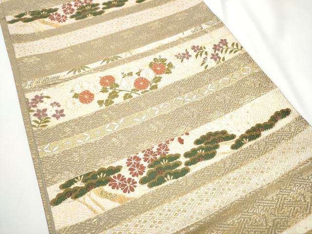 平和屋着物○六通柄袋帯 唐織 横段花文 金糸 正絹 逸品