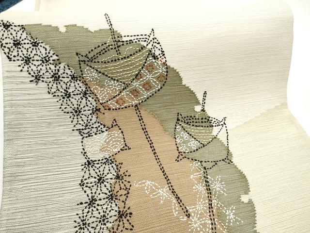平和屋着物●太鼓柄袋帯　紬地　刺し子　雪輪糸巻き文　正絹　逸品　CABE4639hy