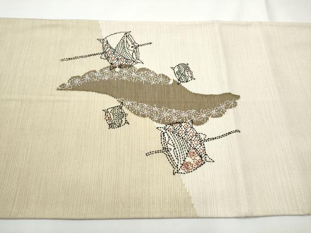 平和屋着物●太鼓柄袋帯　紬地　刺し子　雪輪糸巻き文　正絹　逸品　CABE4639hy