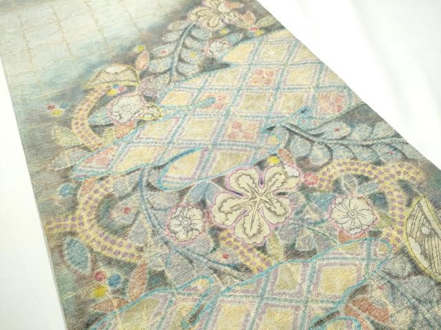 平和屋着物●太鼓柄袋帯　絞り　辻が花　銀通し地　正絹　逸品　CABE4643hy