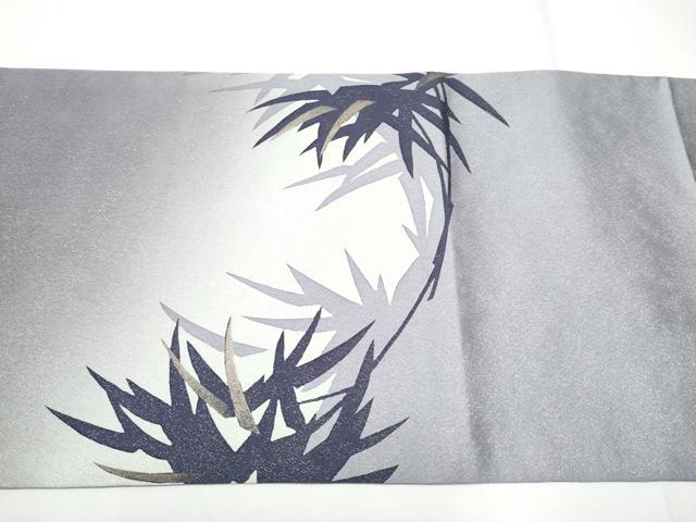 平和屋着物●太鼓柄袋帯　枝笹シルエット　銀通し地　正絹　逸品　未使用　CABE4646hy