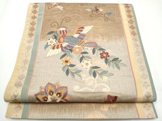 平和屋着物●京の名門　じゅらく謹製　袋帯　総刺繍　花蝶文　金糸　正絹　逸品　CABE4648hy