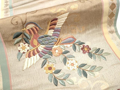 平和屋着物●京の名門　じゅらく謹製　袋帯　総刺繍　花蝶文　金糸　正絹　逸品　CABE4648hy