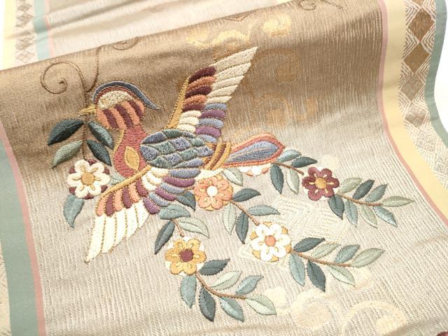 平和屋着物●京の名門　じゅらく謹製　袋帯　総刺繍　花蝶文　金糸　正絹　逸品　CABE4648hy