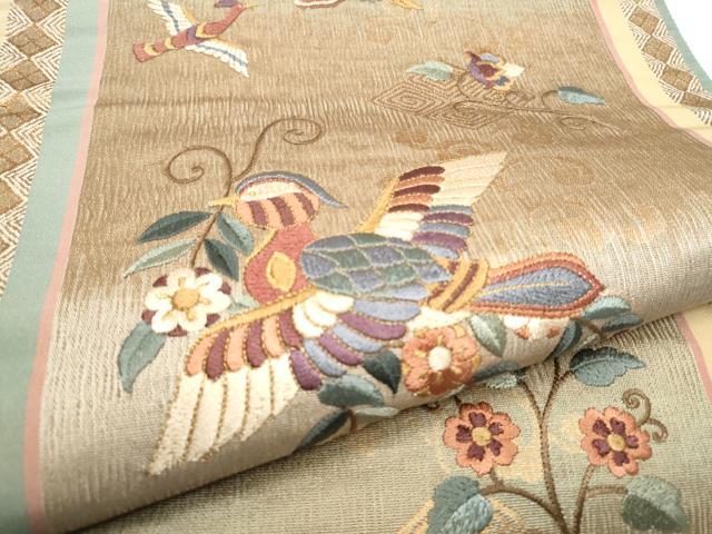 平和屋着物●京の名門　じゅらく謹製　袋帯　総刺繍　花蝶文　金糸　正絹　逸品　CABE4648hy