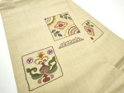 平和屋着物●中国三大刺繍　スワトウ相良刺繍　総刺繍　九寸名古屋帯　紬地　色紙吉祥花文　正絹　逸品　CABE4651hy
