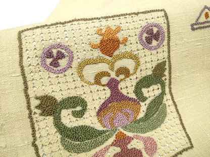 平和屋着物●中国三大刺繍　スワトウ相良刺繍　総刺繍　九寸名古屋帯　紬地　色紙吉祥花文　正絹　逸品　CABE4651hy