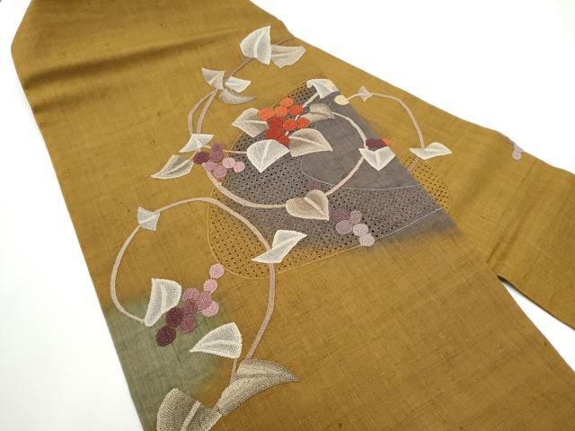 平和屋着物●中国三大刺繍　スワトウ相良刺繍　総刺繍　九寸名古屋帯　紬地　葡萄蔦の葉文　正絹　逸品　CABE4654hy