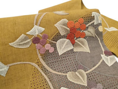 平和屋着物●中国三大刺繍　スワトウ相良刺繍　総刺繍　九寸名古屋帯　紬地　葡萄蔦の葉文　正絹　逸品　CABE4654hy