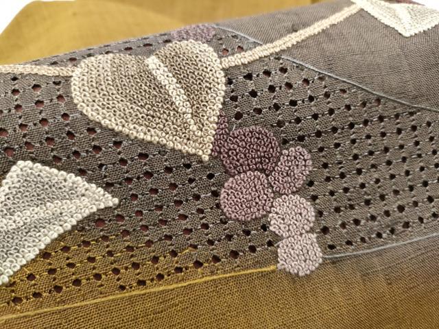 平和屋着物●中国三大刺繍　スワトウ相良刺繍　総刺繍　九寸名古屋帯　紬地　葡萄蔦の葉文　正絹　逸品　CABE4654hy