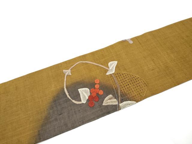 平和屋着物●中国三大刺繍　スワトウ相良刺繍　総刺繍　九寸名古屋帯　紬地　葡萄蔦の葉文　正絹　逸品　CABE4654hy