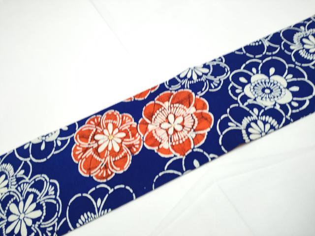 平和屋着物●九寸名古屋帯　藍　型染め　舞花文　金彩　正絹　逸品　CABE4656hy