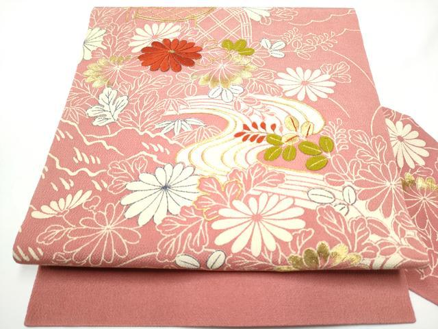 平和屋着物●九寸名古屋帯　駒刺繍　流水草花文　金糸　鬼しぼ縮緬　銀座越後屋扱い　正絹　逸品　CABE4664hy