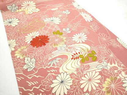 平和屋着物●九寸名古屋帯　駒刺繍　流水草花文　金糸　鬼しぼ縮緬　銀座越後屋扱い　正絹　逸品　CABE4664hy