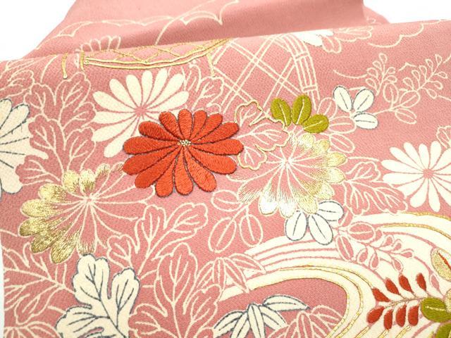 平和屋着物●九寸名古屋帯　駒刺繍　流水草花文　金糸　鬼しぼ縮緬　銀座越後屋扱い　正絹　逸品　CABE4664hy