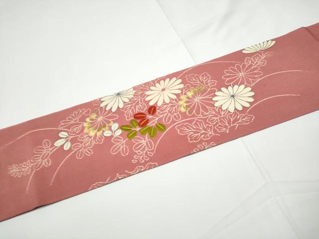 平和屋着物●九寸名古屋帯　駒刺繍　流水草花文　金糸　鬼しぼ縮緬　銀座越後屋扱い　正絹　逸品　CABE4664hy