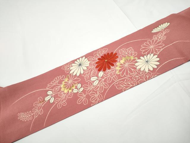 平和屋着物●九寸名古屋帯　駒刺繍　流水草花文　金糸　鬼しぼ縮緬　銀座越後屋扱い　正絹　逸品　CABE4664hy