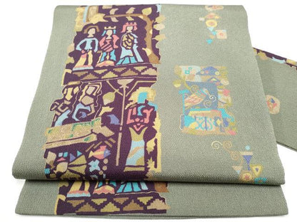 平和屋着物●全通柄　九寸名古屋帯　型染め　エジプト壁画文様　金彩　鬼しぼ縮緬　正絹　逸品　CABE4667hy