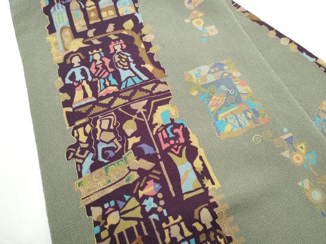 平和屋着物●全通柄　九寸名古屋帯　型染め　エジプト壁画文様　金彩　鬼しぼ縮緬　正絹　逸品　CABE4667hy