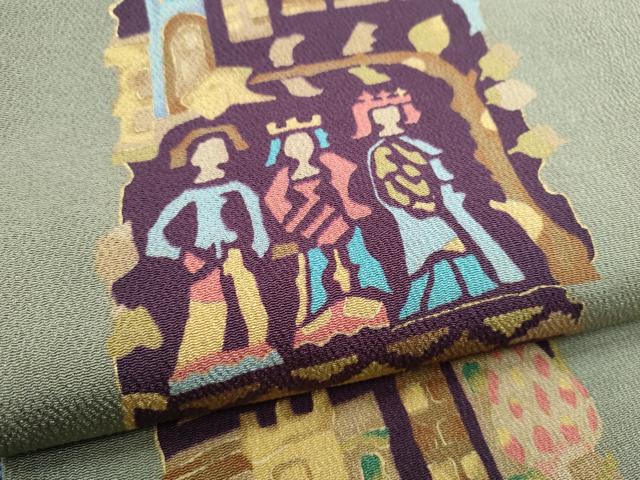 平和屋着物●全通柄　九寸名古屋帯　型染め　エジプト壁画文様　金彩　鬼しぼ縮緬　正絹　逸品　CABE4667hy