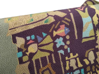平和屋着物●全通柄　九寸名古屋帯　型染め　エジプト壁画文様　金彩　鬼しぼ縮緬　正絹　逸品　CABE4667hy