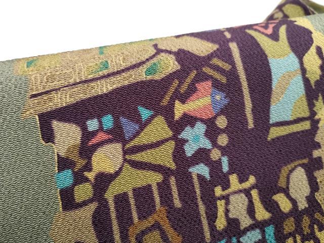 平和屋着物●全通柄　九寸名古屋帯　型染め　エジプト壁画文様　金彩　鬼しぼ縮緬　正絹　逸品　CABE4667hy