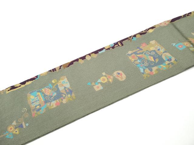 平和屋着物●全通柄　九寸名古屋帯　型染め　エジプト壁画文様　金彩　鬼しぼ縮緬　正絹　逸品　CABE4667hy