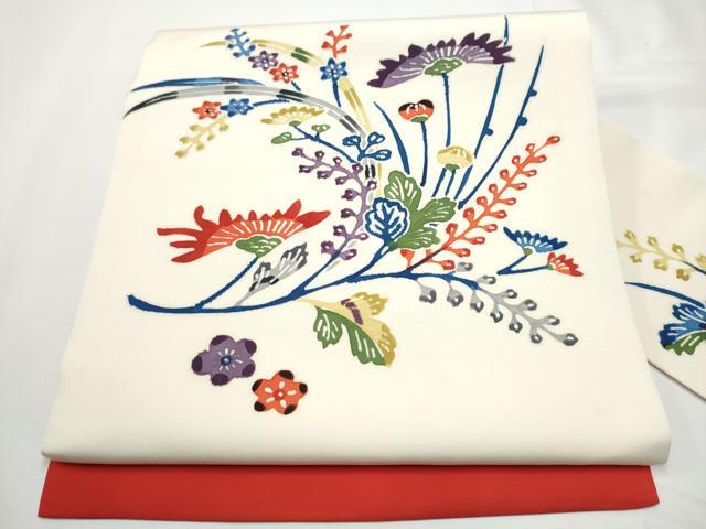 平和屋着物●塩瀬　九寸名古屋帯　作家物　型染め　枝花文　正絹　逸品　CABE4675hy